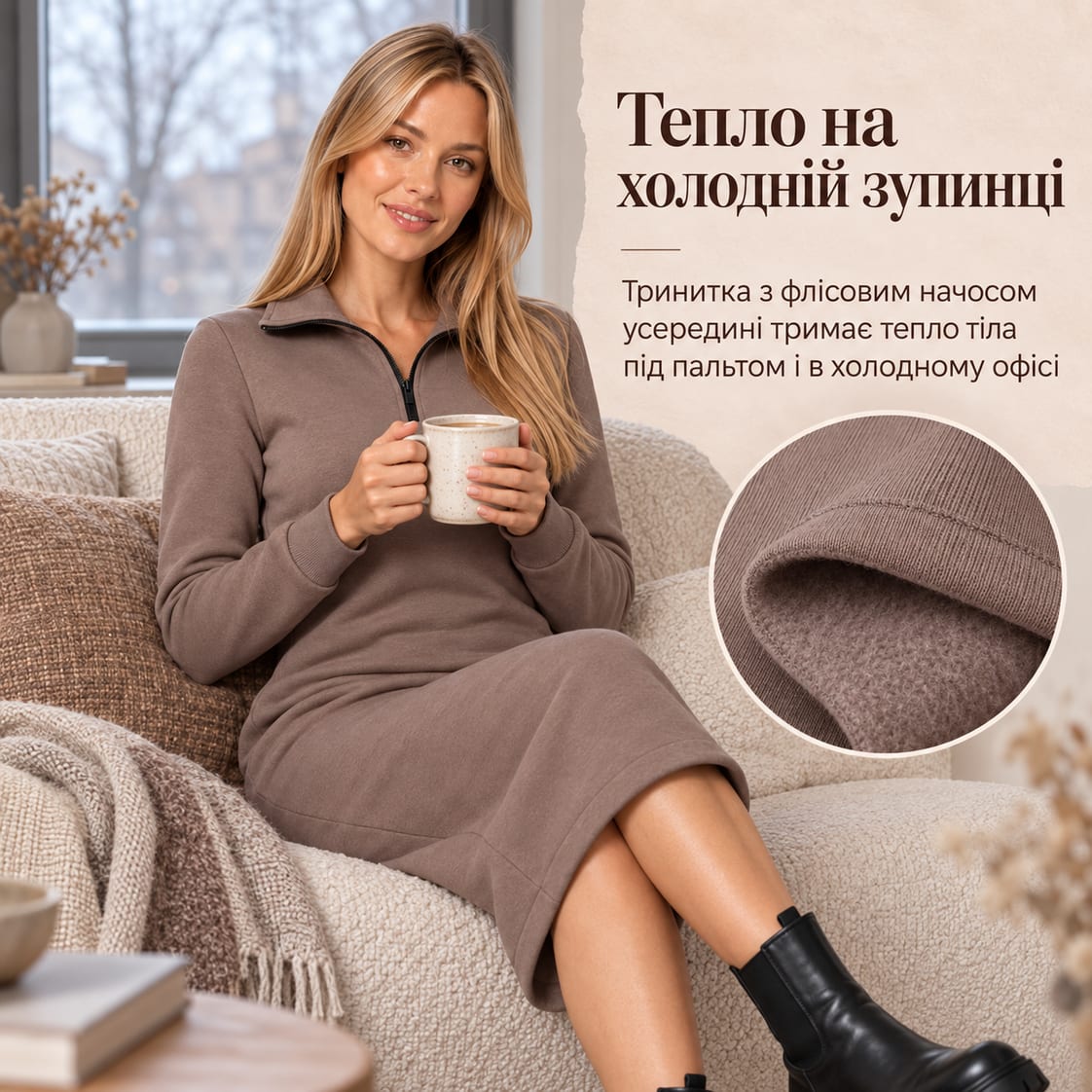 Тепло на холодній зупинці: тринитка з флісовим начосом усередині тримає тепло тіла під пальтом і в холодному офісі. Сукня Antoni