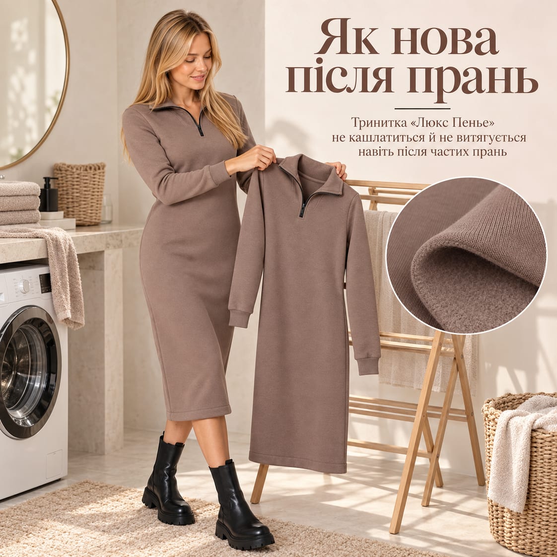 Як нова після прань: тринитка «Люкс Пенье» не кашлатиться й не витягується навіть після частих прань. Сукня Antoni