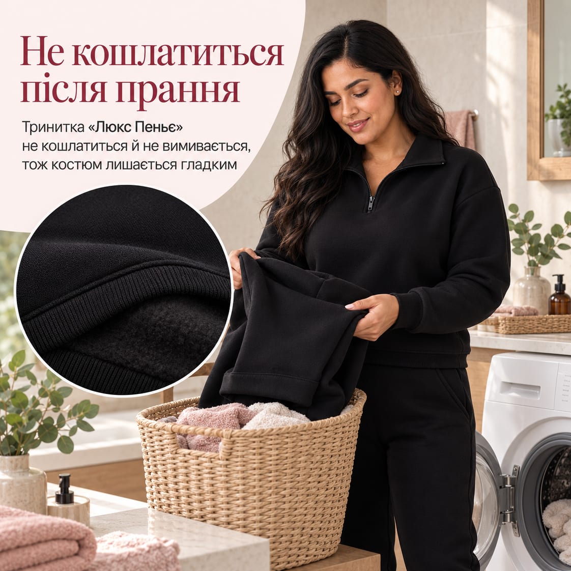 Не кошлатиться після прання: тринитка «Люкс Пеньє» не кошлатиться й не вимивається, тож костюм лишається гладким. Костюм Anzhe
