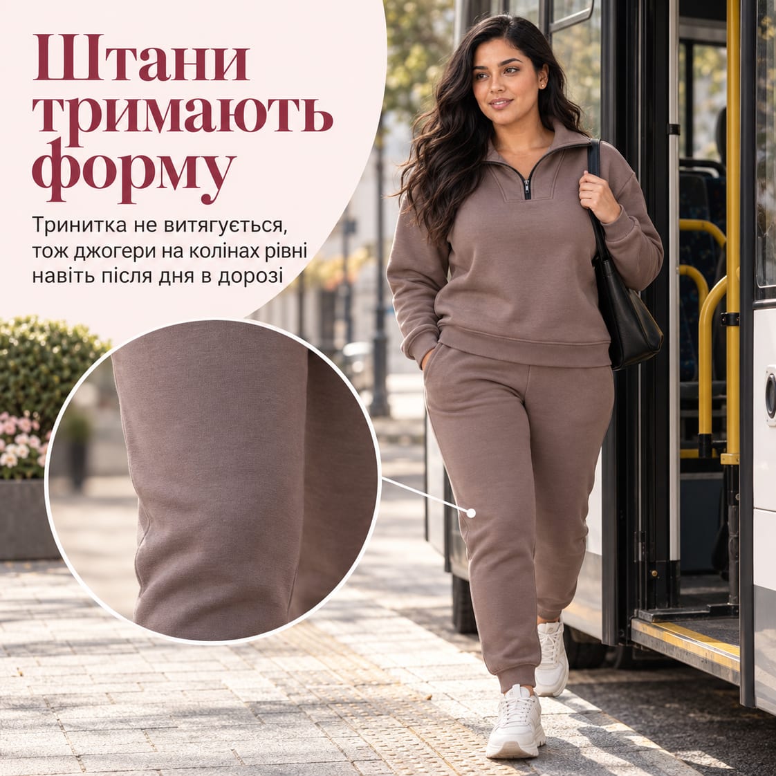 Штани тримають форму: тринитка не витягується, тож джогери на колінах рівні навіть після дня в дорозі. Костюм Anzhe