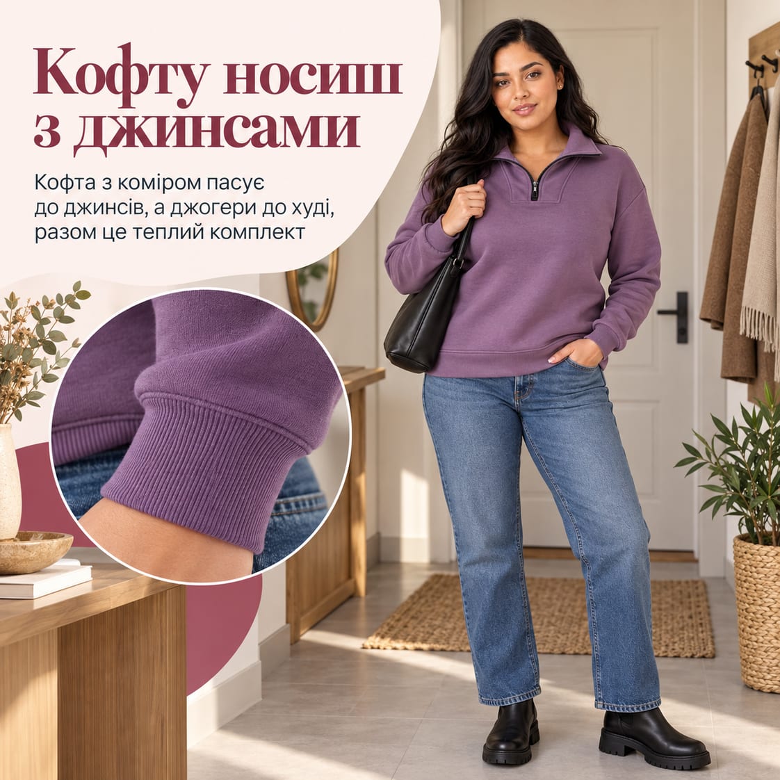 Кофту носиш з джинсами: кофта з коміром пасує до джинсів, а джогери до худі, разом це теплий комплект. Костюм Anzhe