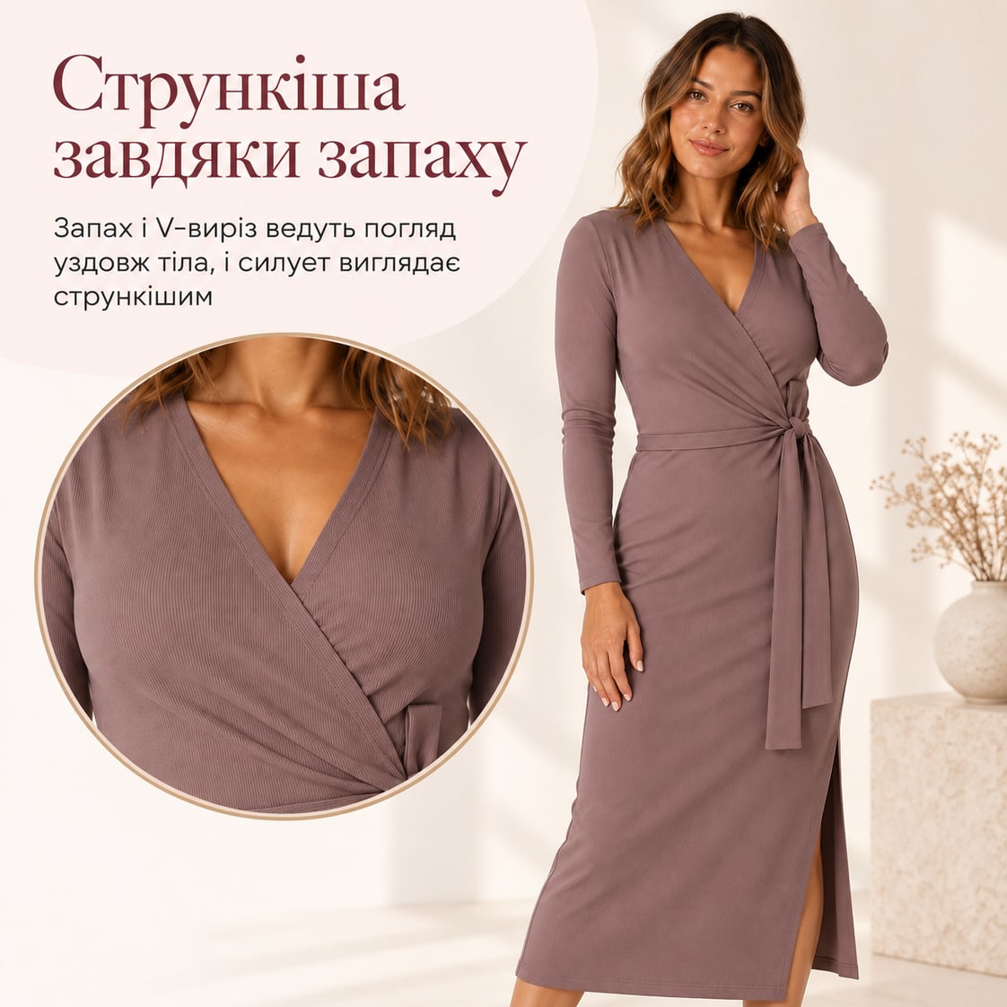 Стрункіша завдяки запаху: запах і V-виріз ведуть погляд уздовж тіла, і силует виглядає стрункішим. Сукня Appo