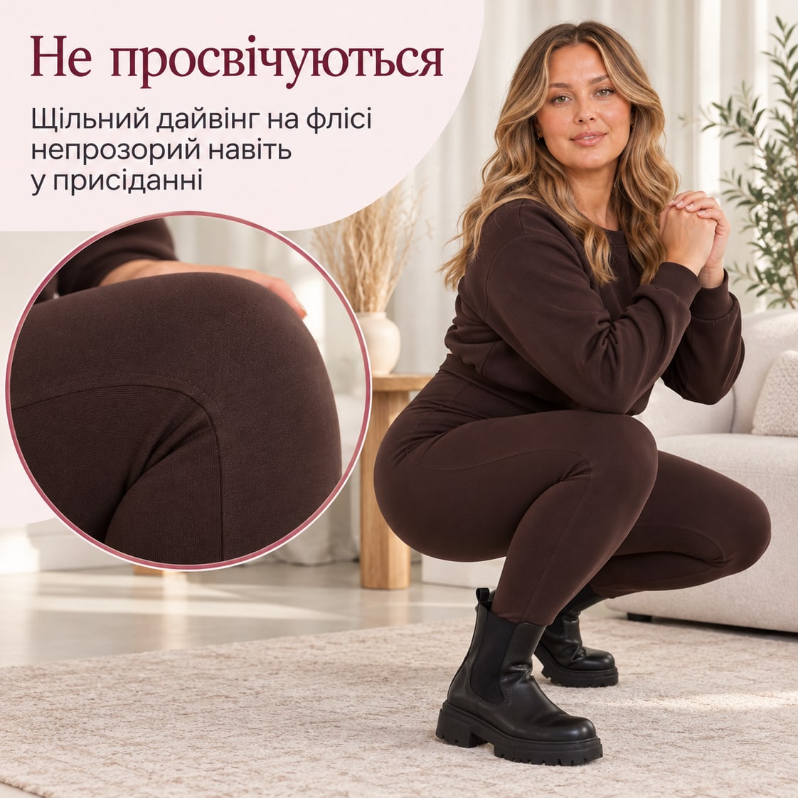 Не просвічуються: щільний дайвінг на флісі непрозорий навіть у присіданні. Лосини Belves