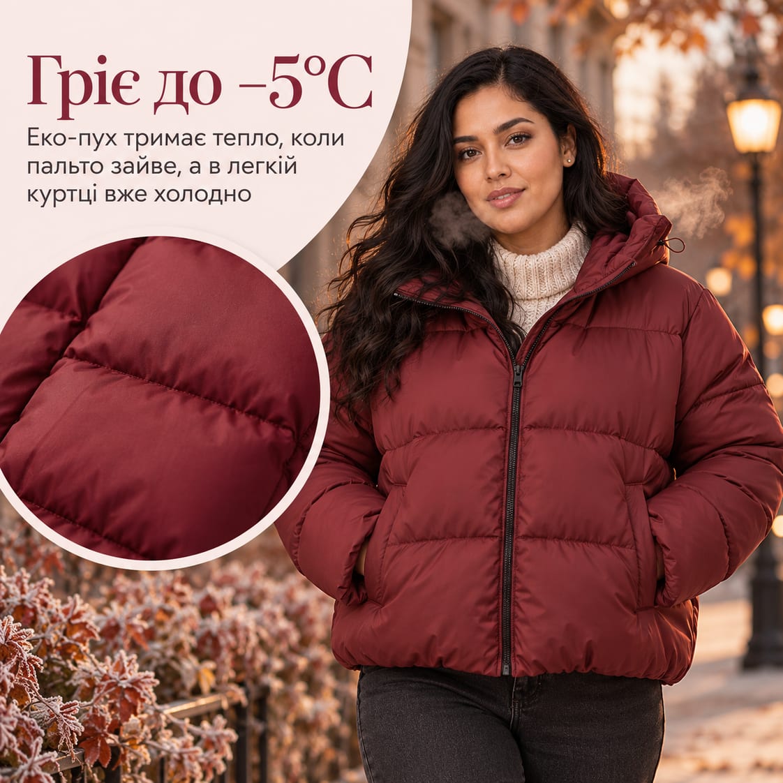 Гріє до −5°C: еко-пух тримає тепло, коли пальто зайве, а в легкій куртці вже холодно. Куртка Bolzano
