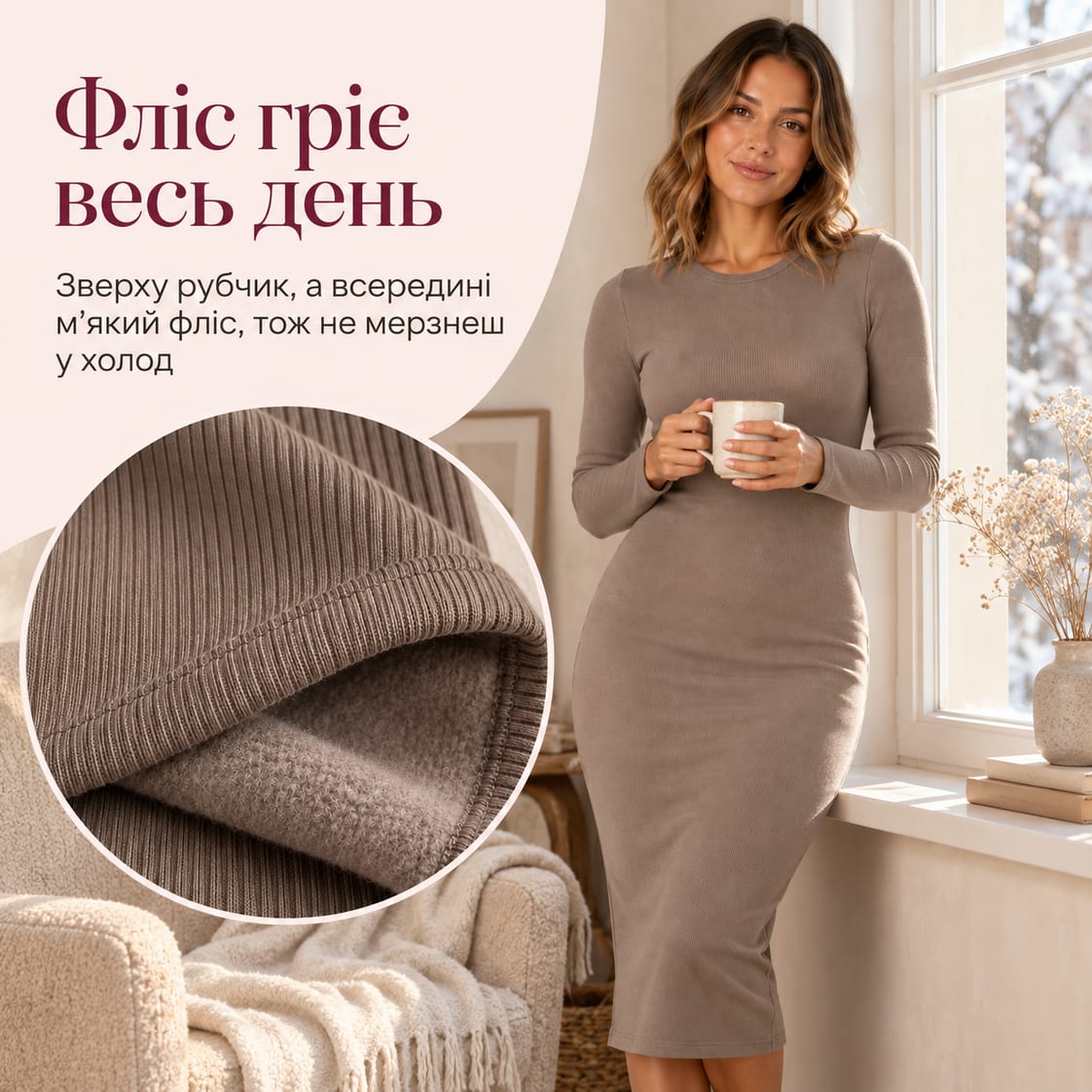 Фліс гріє весь день: зверху рубчик, а всередині м’який фліс, тож не мерзнеш у холод. Сукня Chambery