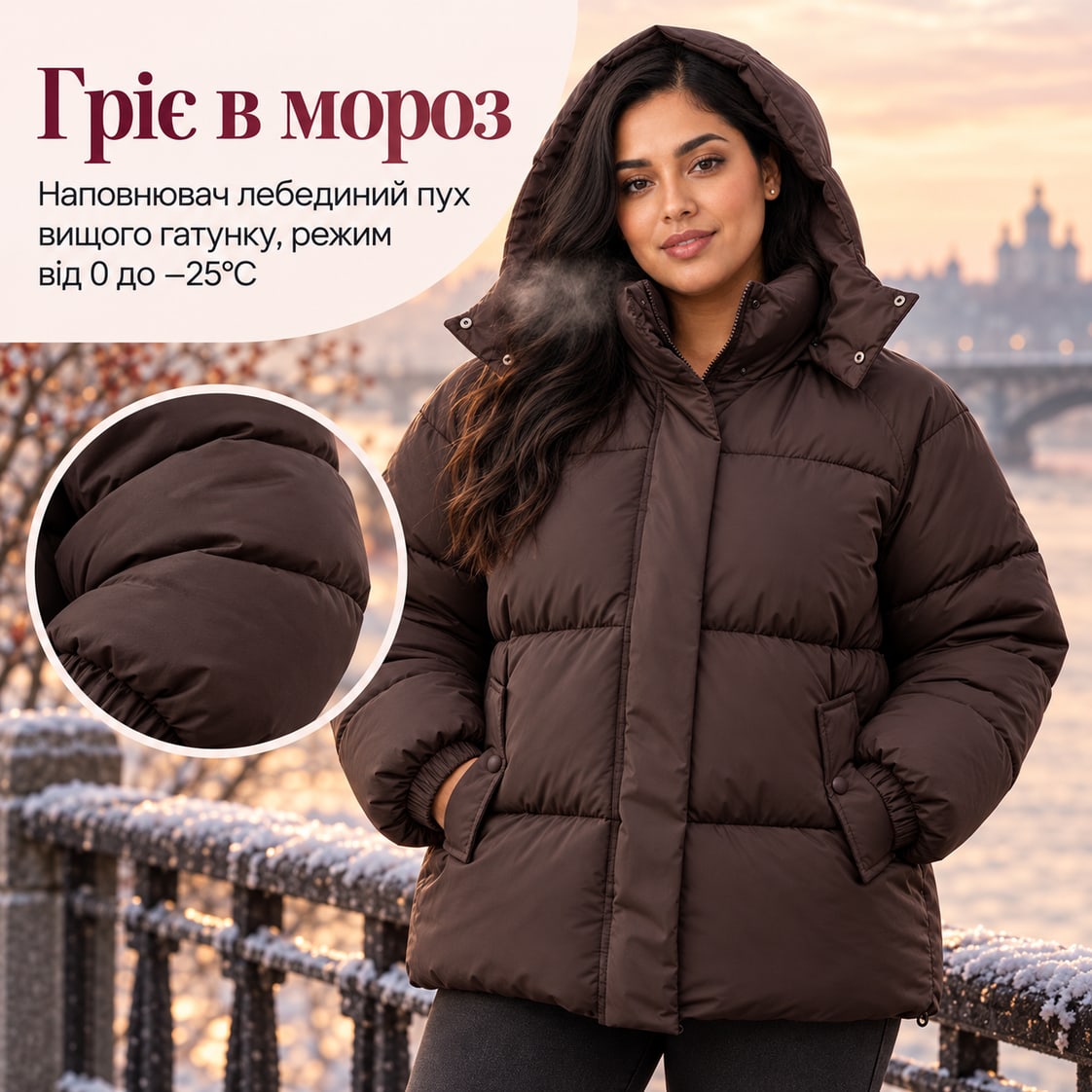 Гріє в мороз: наповнювач штучний лебединий пух, режим від 0 до −25°C. Куртка Cortina