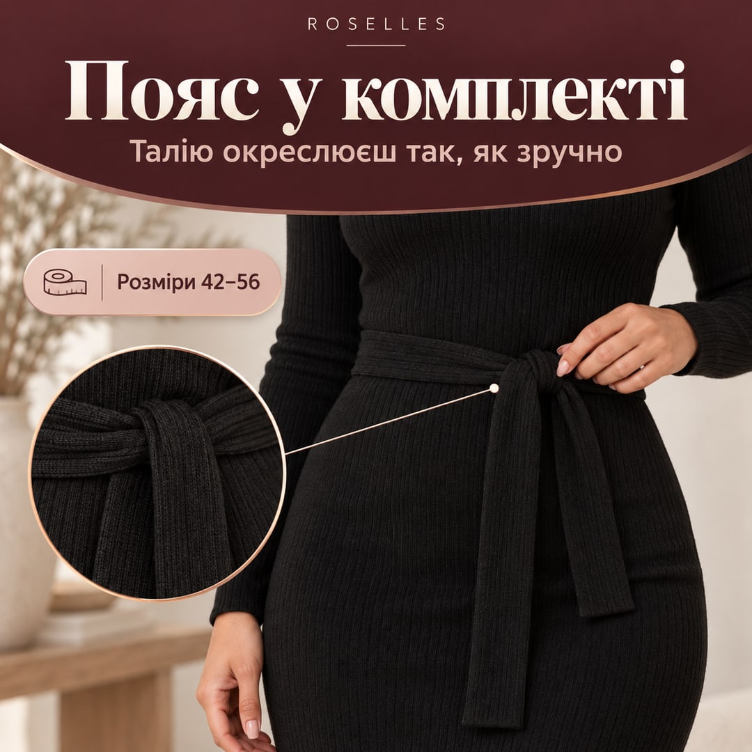 Пояс у комплекті: талію окреслюєш так, як зручно. Розміри 42–56. Зав’язаний пояс чорної сукні Crema зблизька