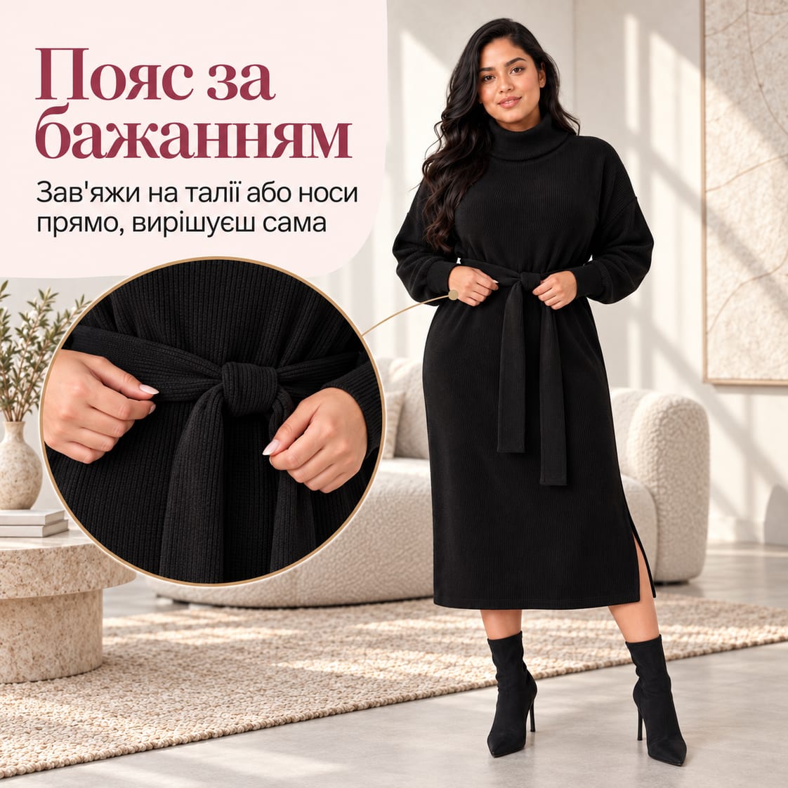 Пояс за бажанням: зав'яжи на талії або носи прямо, вирішуєш сама. Сукня Ferra