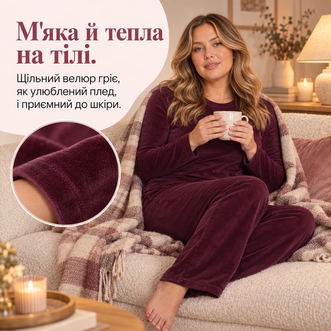 М'яка й тепла на тілі: щільний велюр гріє, як улюблений плед, і приємний до шкіри. Піжама Kapri