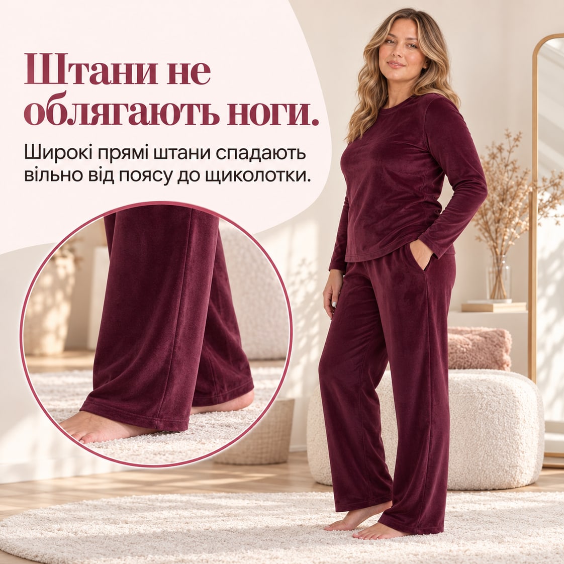 Штани не облягають ноги: широкі прямі штани спадають вільно від поясу до щиколотки. Піжама Kapri