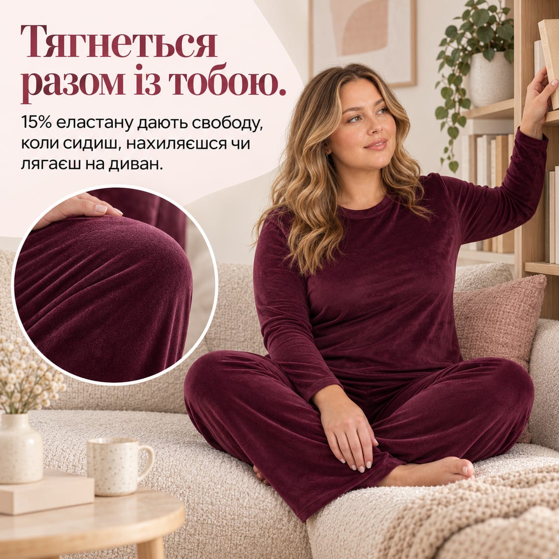 Тягнеться разом із тобою: 15% еластану дають свободу, коли сидиш, нахиляєшся чи лягаєш на диван. Піжама Kapri