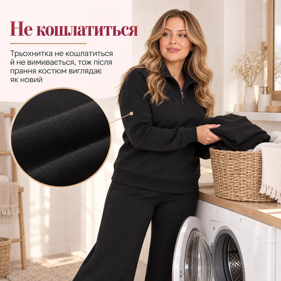 Не кошлатиться: трьохнитка не кошлатиться й не вимивається, тож після прання костюм виглядає як новий. Костюм Klermon