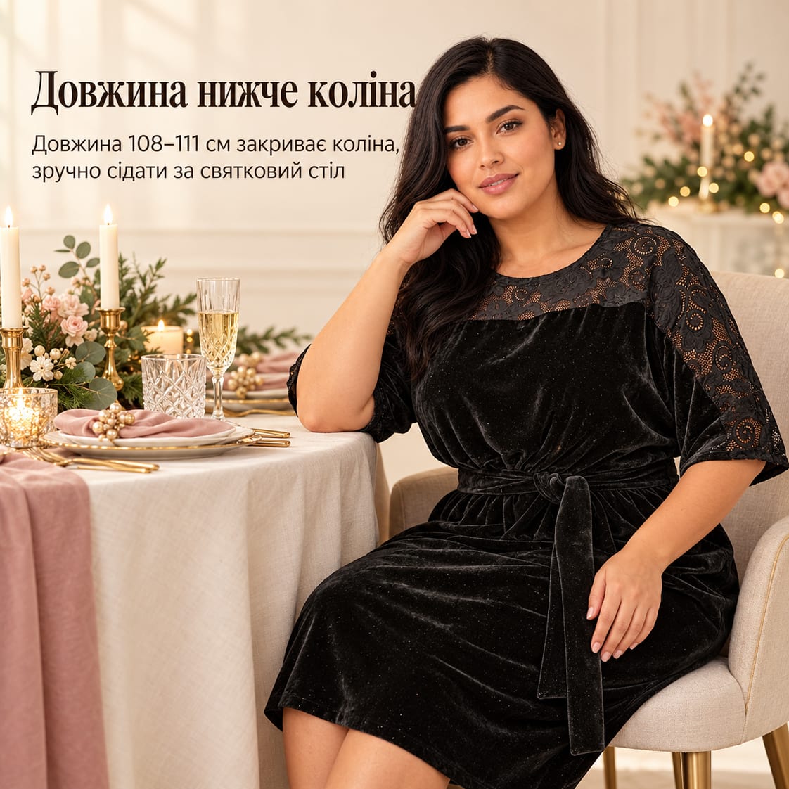 Довжина нижче коліна: довжина 108–111 см закриває коліна, зручно сідати за святковий стіл. Сукня Lecce