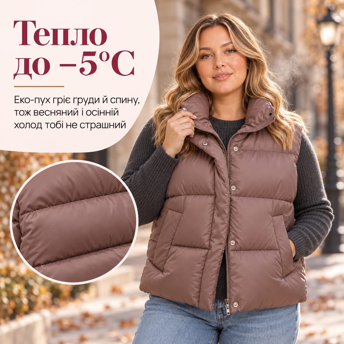 Тепло до −5°C: еко-пух гріє груди й спину, тож весняний і осінній холод тобі не страшний. Жилет Lugano