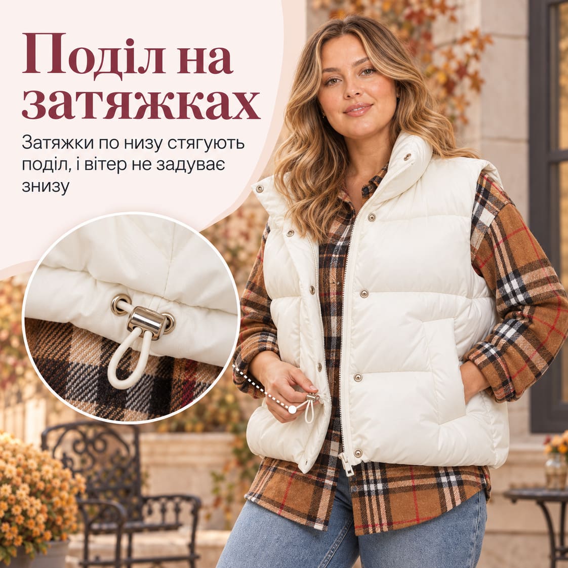 Поділ на затяжках: затяжки по низу стягують поділ, і вітер не задуває знизу. Жилет Lugano