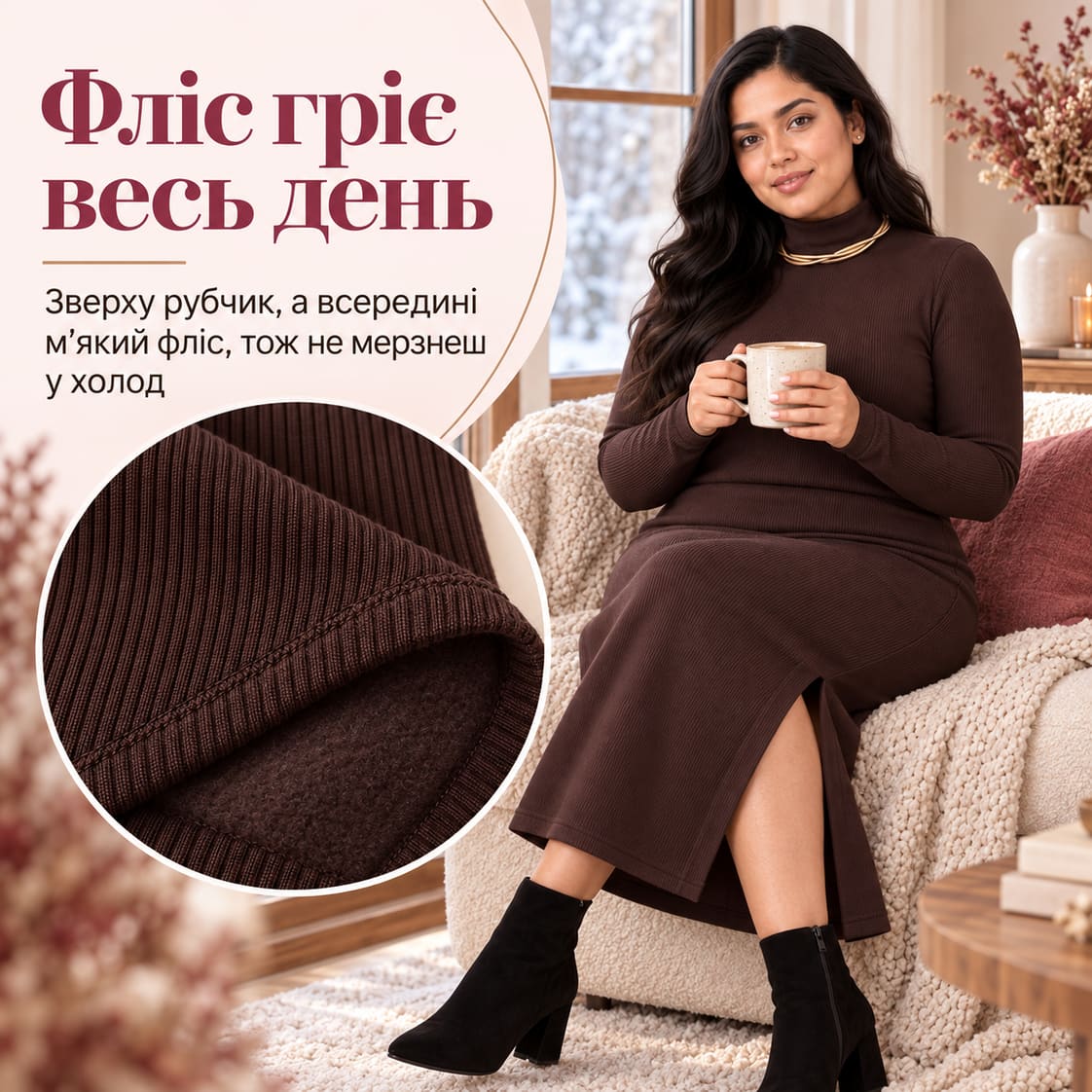 Фліс гріє весь день: зверху рубчик, а всередині м’який фліс, тож не мерзнеш у холод. Сукня Marten