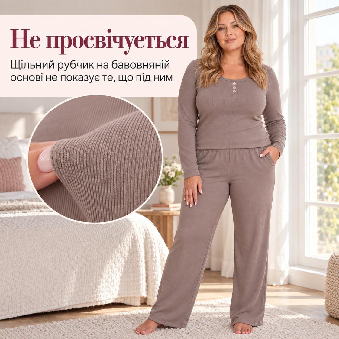 Не просвічується: щільний рубчик на бавовняній основі не показує те, що під ним. Піжама Matera