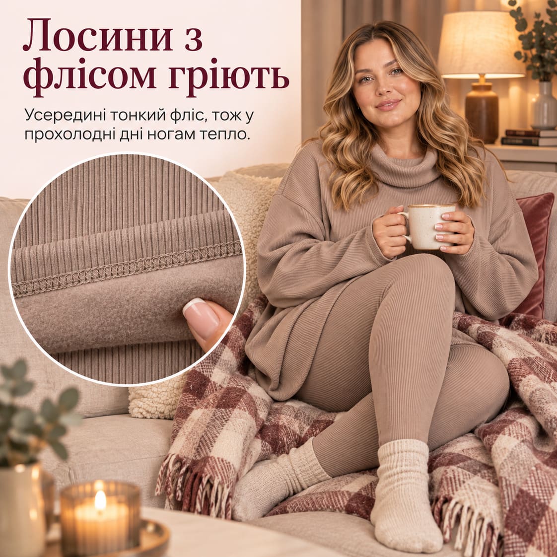 Лосини з флісом гріють: усередині тонкий фліс, тож у прохолодні дні ногам тепло. Костюм Modena