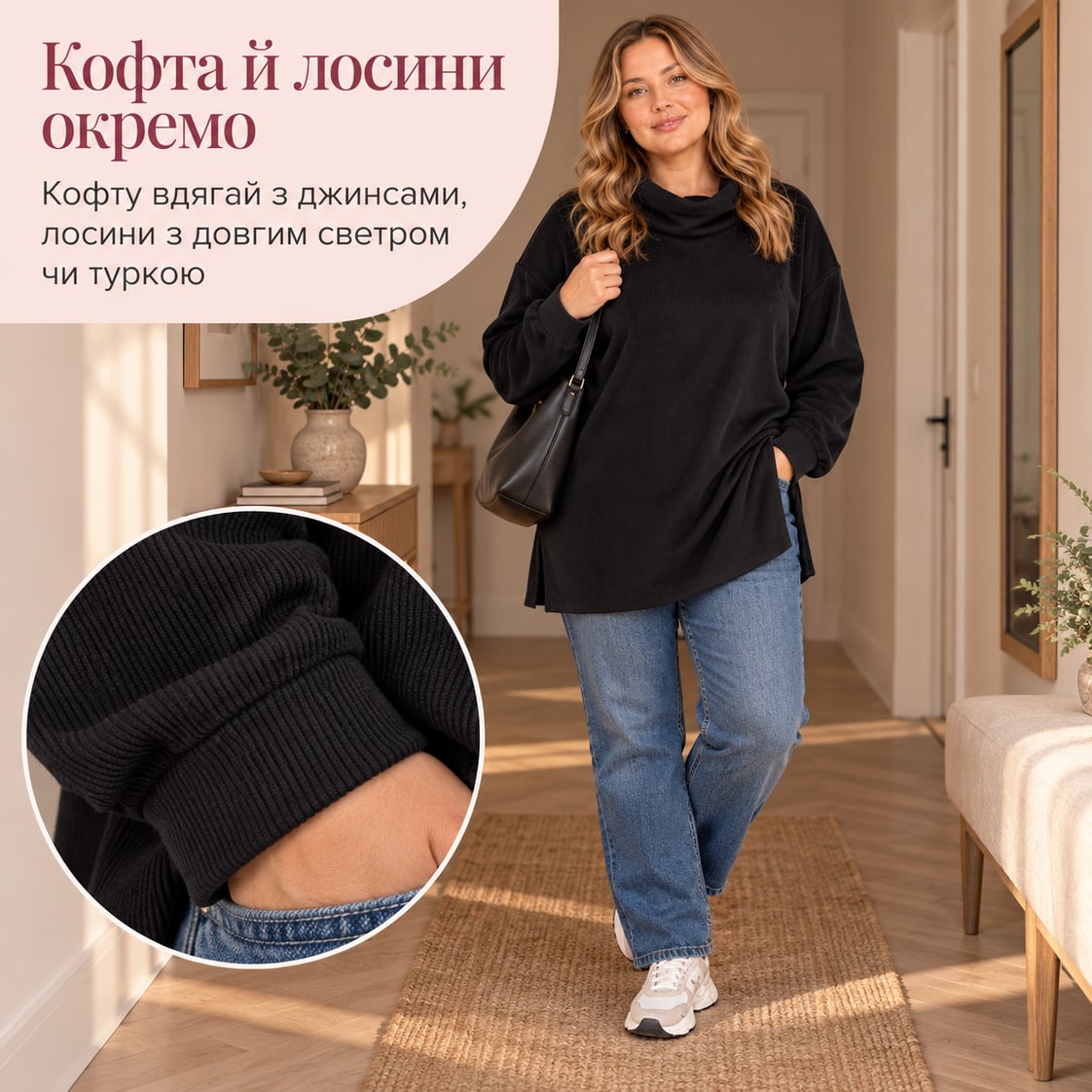 Кофта й лосини окремо: кофту вдягай з джинсами, лосини з довгим светром чи туркою. Костюм Modena