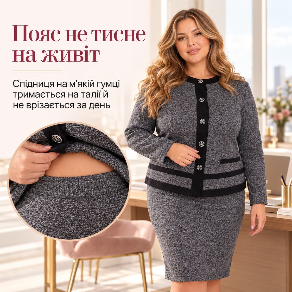Пояс не тисне на живіт: спідниця на м'якій гумці тримається на талії й не врізається за день. Костюм Novara