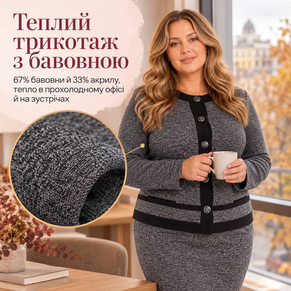 Теплий трикотаж з бавовною: 67% бавовни й 33% акрилу, тепло в прохолодному офісі й на зустрічах. Костюм Novara