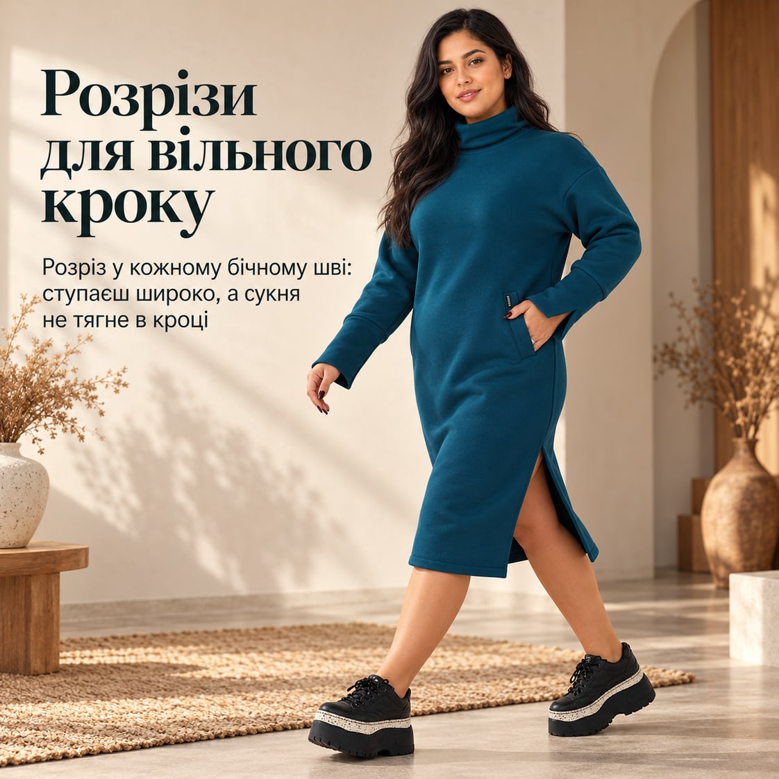 Розрізи для вільного кроку: розріз у кожному бічному шві: ступаєш широко, а сукня не тягне в кроці. Сукня Padova