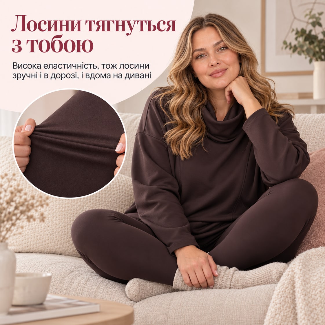 Лосини тягнуться з тобою: висока еластичність, тож лосини зручні і в дорозі, і вдома на дивані. Костюм Parma