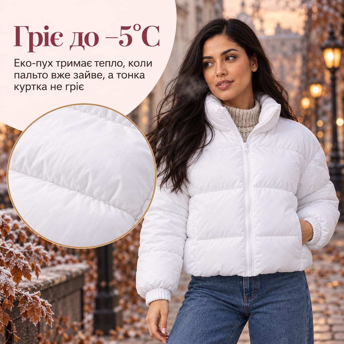 Гріє до −5°C: еко-пух тримає тепло, коли пальто вже зайве, а тонка куртка не гріє. Куртка Ravenna