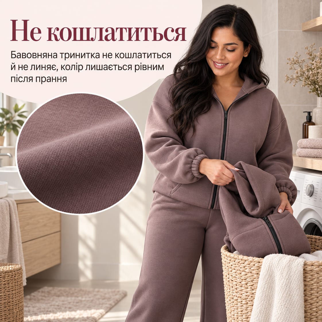 Не кошлатиться: бавовняна тринитка не кошлатиться й не линяє, колір лишається рівним після прання. Костюм Renn