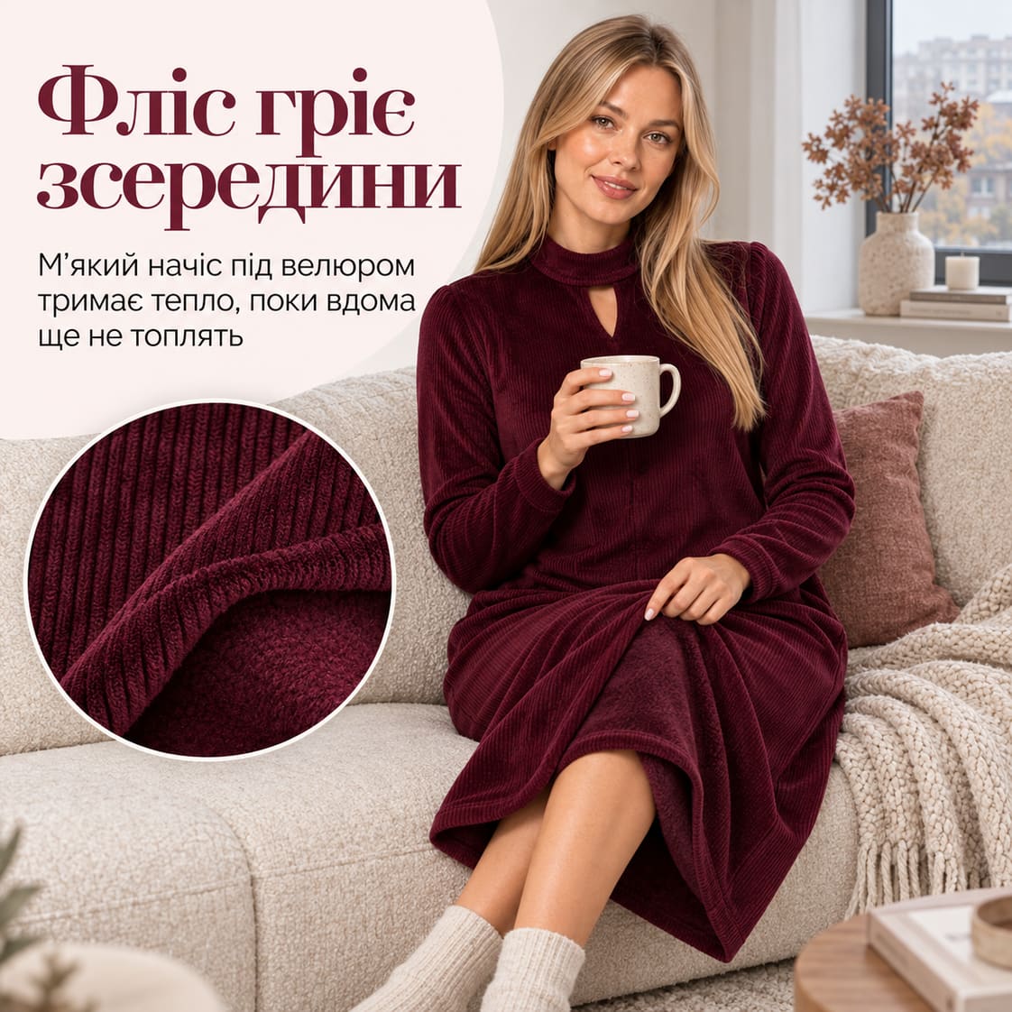 Фліс гріє зсередини: м’який начіс під велюром тримає тепло, поки вдома ще не топлять. Сукня Rento