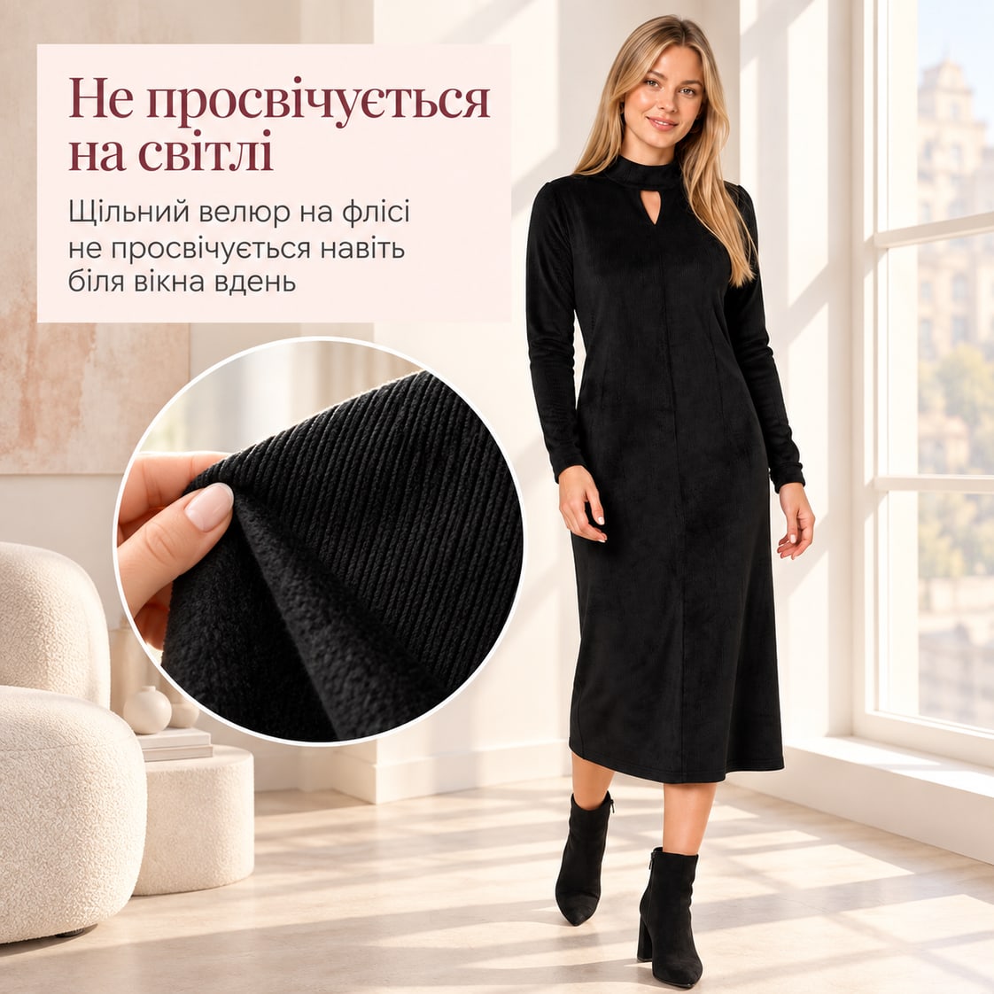 Не просвічується на світлі: щільний велюр на флісі не просвічується навіть біля вікна вдень. Сукня Rento