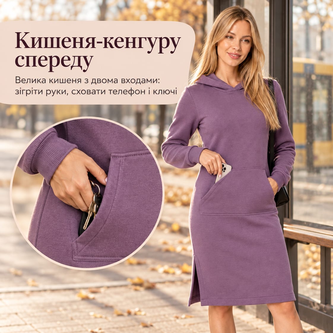 Кишеня-кенгуру спереду: велика кишеня з двома входами: зігріти руки, сховати телефон і ключі. Сукня Roshel