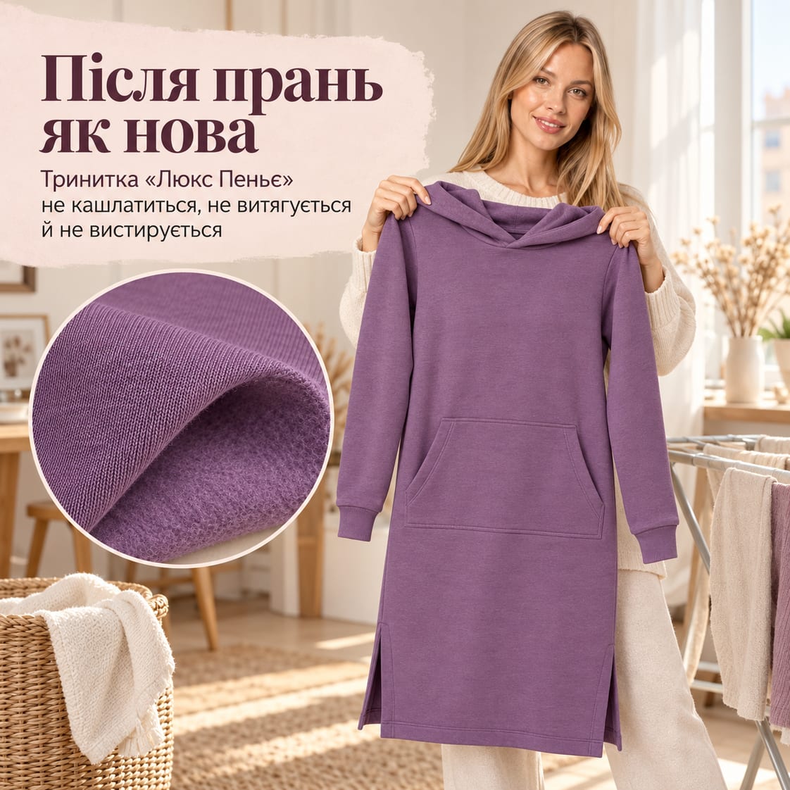Після прань як нова: тринитка «Люкс Пеньє» не кашлатиться, не витягується й не вистирується. Сукня Roshel