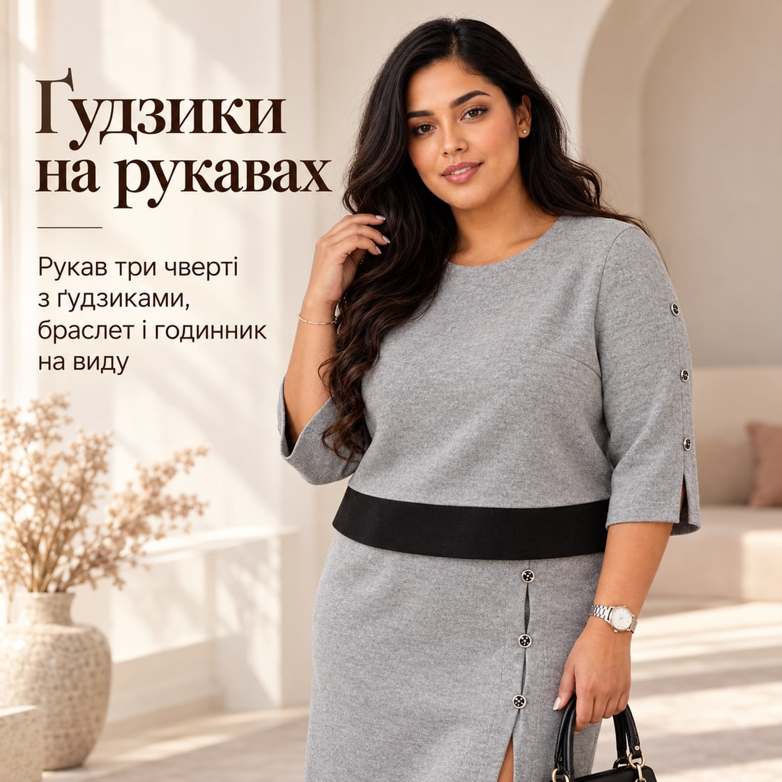 Ґудзики на рукавах: рукав три чверті з ґудзиками, браслет і годинник на виду. Костюм Sondrio