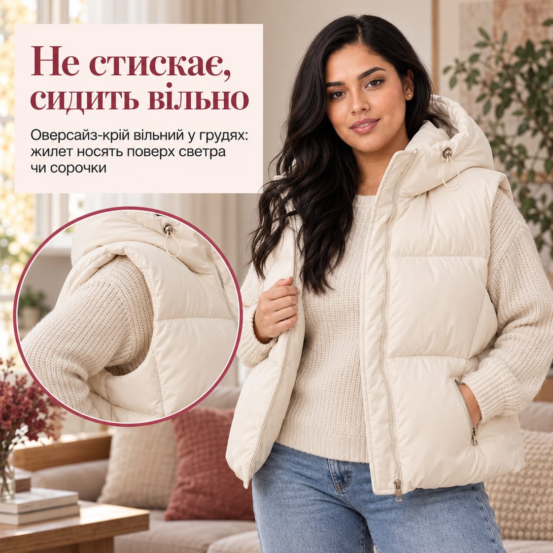 Не стискає, сидить вільно: оверсайз-крій вільний у грудях: жилет носять поверх светра чи сорочки. Жилет Sorrento