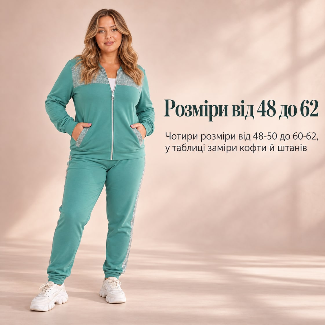 Розміри від 48 до 62: чотири розміри від 48-50 до 60-62, у таблиці заміри кофти й штанів. Костюм Spello