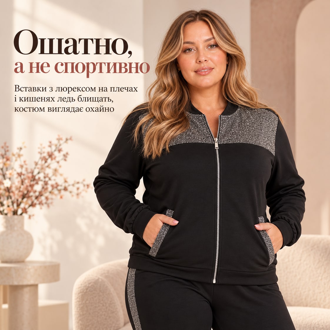 Ошатно, а не спортивно: вставки з люрексом на плечах і кишенях ледь блищать, костюм виглядає охайно. Костюм Spello