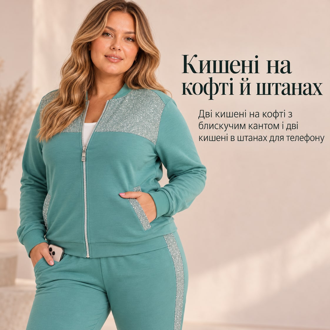 Кишені на кофті й штанах: дві кишені на кофті з блискучим кантом і дві кишені в штанах для телефону. Костюм Spello