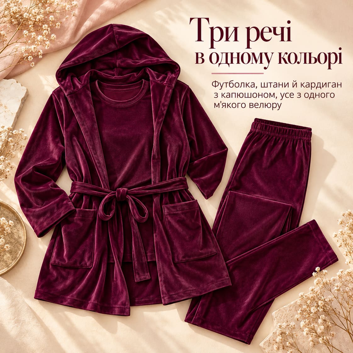 Три речі в одному кольорі: футболка, штани й кардиган з капюшоном, усе з одного м'якого велюру. Костюм Taormina