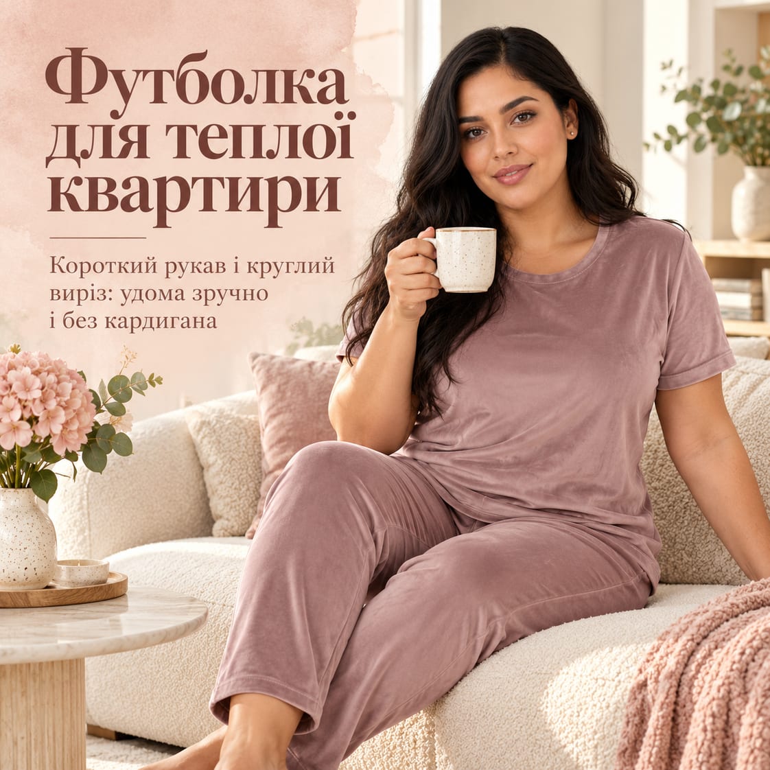 Футболка для теплої квартири: короткий рукав і круглий виріз: удома зручно і без кардигана. Костюм Taormina