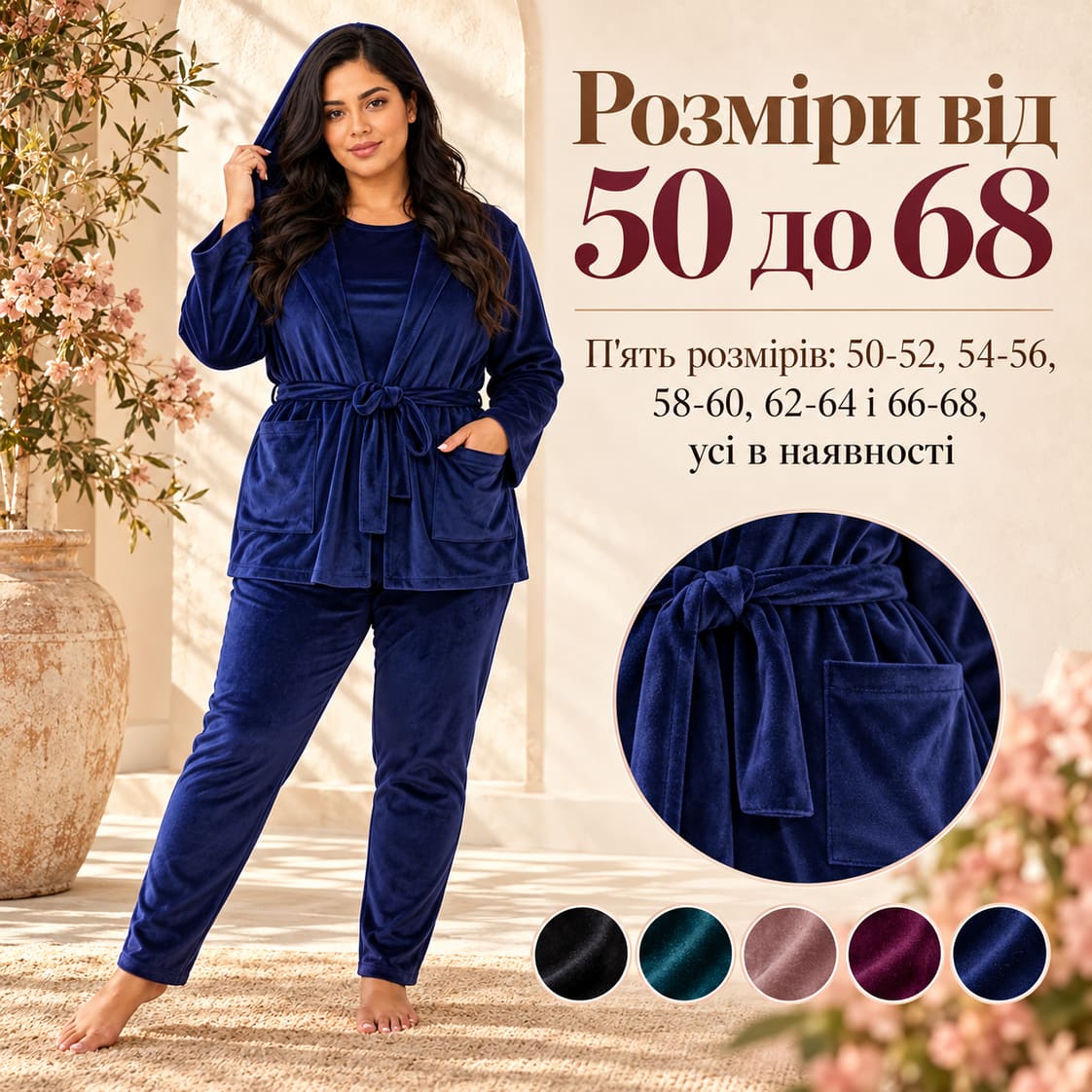 Розміри від 50 до 68: п'ять розмірів: 50-52, 54-56, 58-60, 62-64 і 66-68, усі в наявності. Костюм Taormina