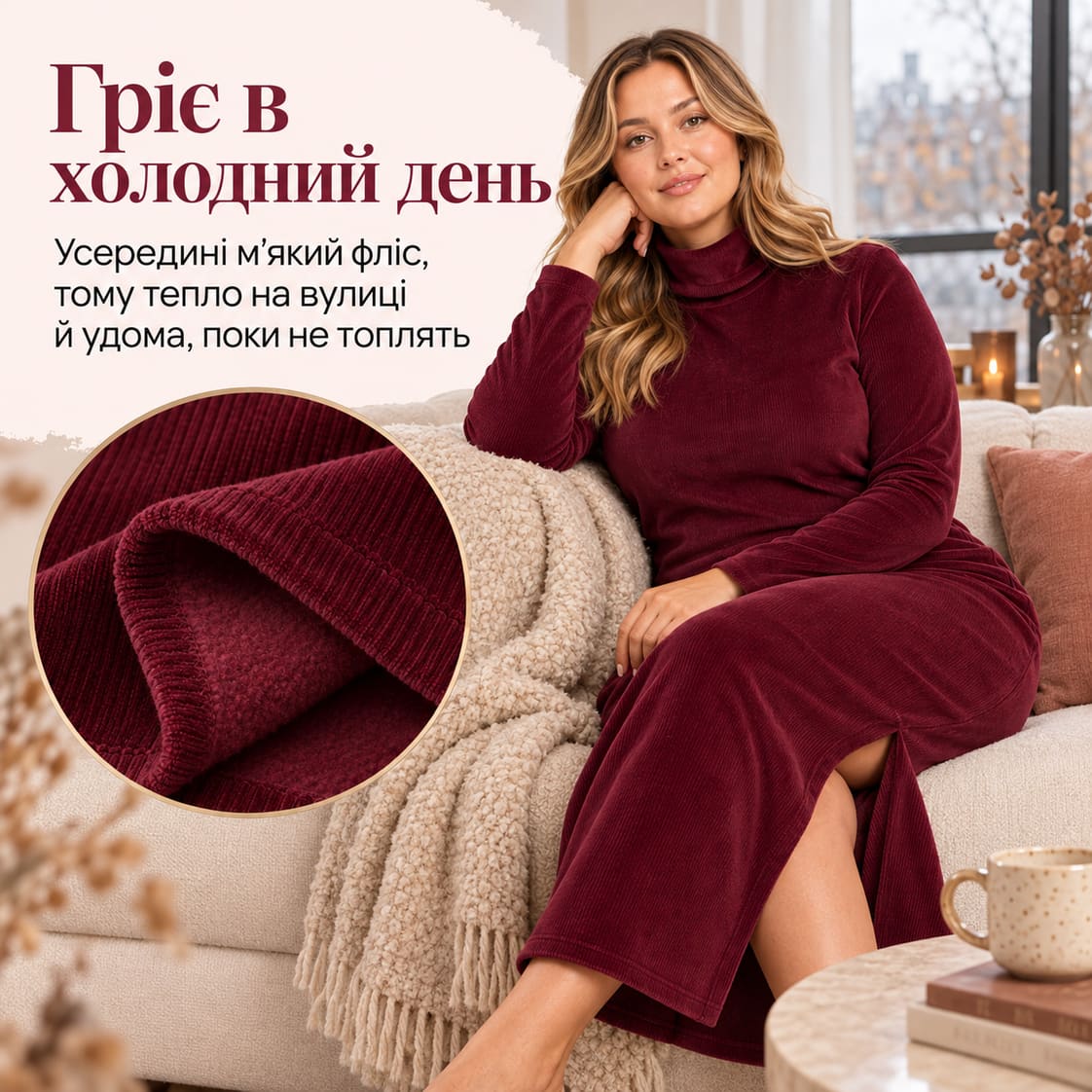 Гріє в холодний день: усередині м’який фліс, тому тепло на вулиці й удома, поки не топлять. Сукня Toffa