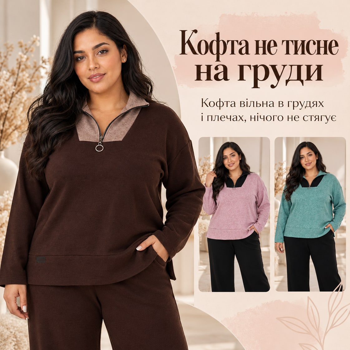 Кофта не тисне на груди: кофта вільна в грудях і плечах, нічого не стягує. Костюм Trani