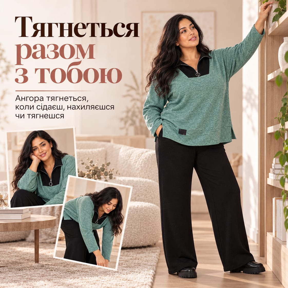 Тягнеться разом з тобою: ангора тягнеться, коли сідаєш, нахиляєшся чи тягнешся. Костюм Trani