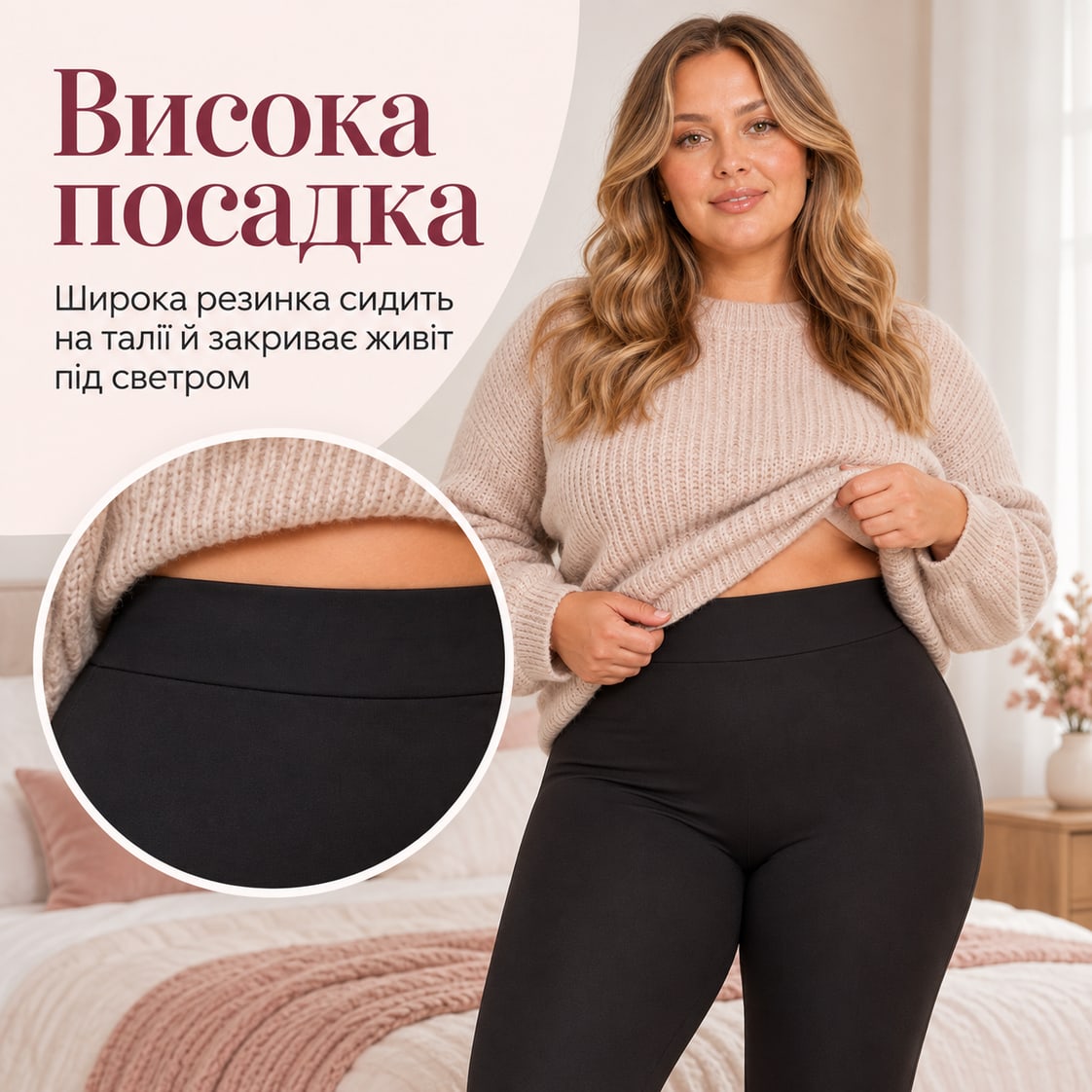 Висока посадка: широка резинка сидить на талії й закриває живіт під светром. Лосини Trento