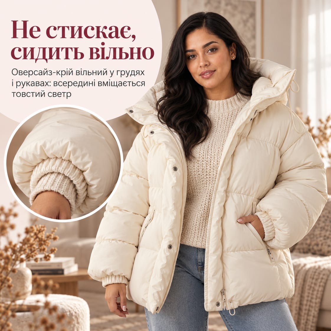 Не стискає, сидить вільно: оверсайз-крій вільний у грудях і рукавах: всередині вміщається товстий светр. Куртка Trieste