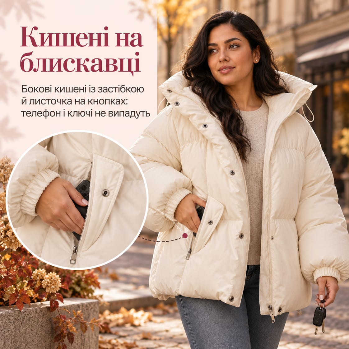 Кишені на блискавці: бокові кишені із застібкою й листочка на кнопках: телефон і ключі не випадуть. Куртка Trieste