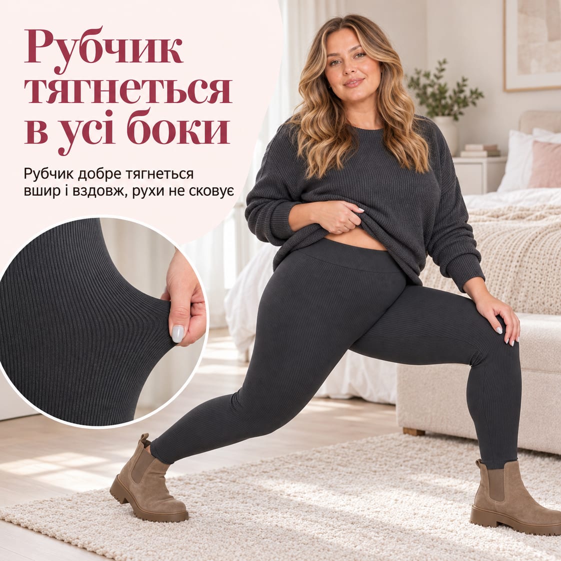 Рубчик тягнеться в усі боки: рубчик добре тягнеться вшир і вздовж, рухи не сковує. Лосини Trua