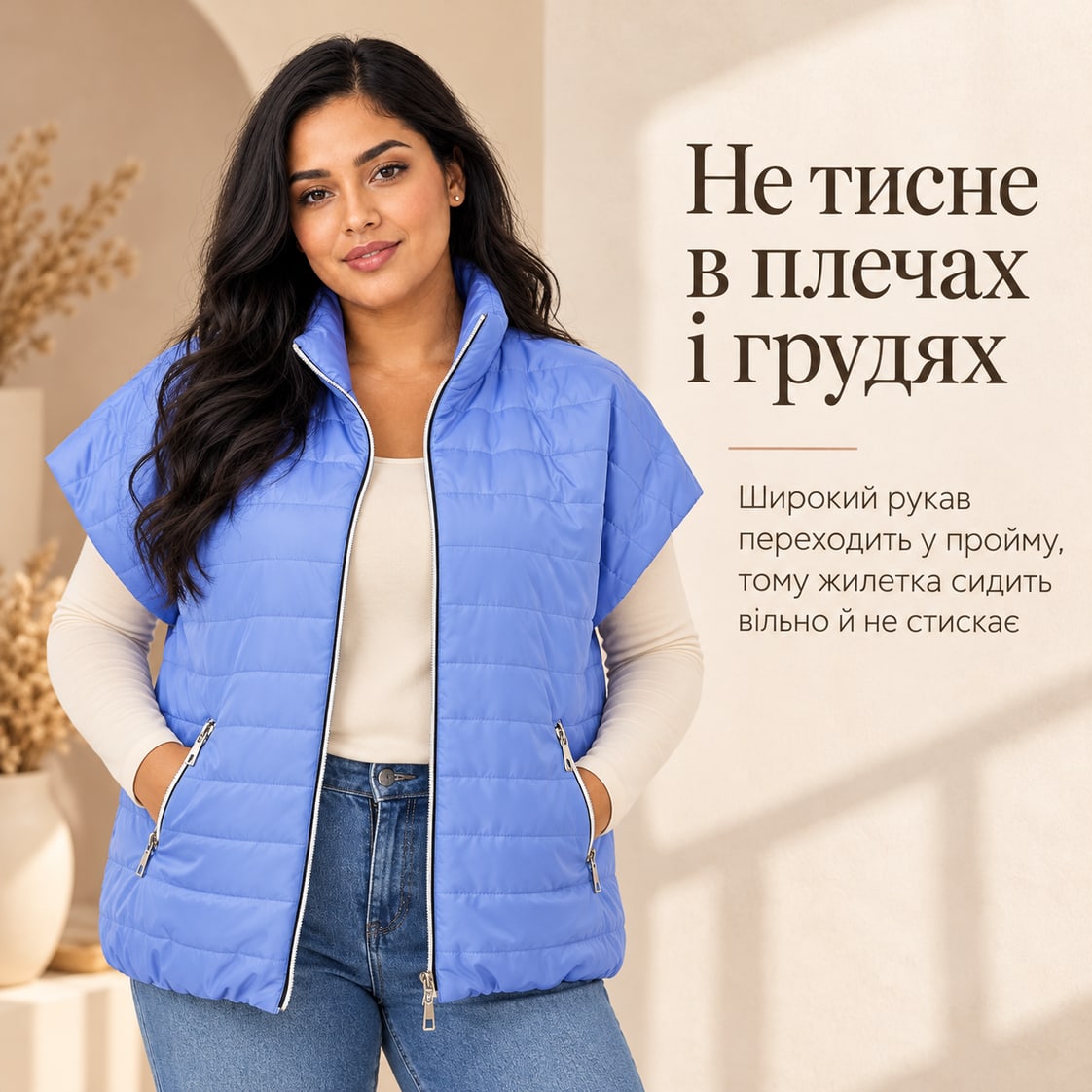 Не тисне в плечах і грудях: широкий рукав переходить у пройму, тому жилетка сидить вільно й не стискає. Жилет Urbino