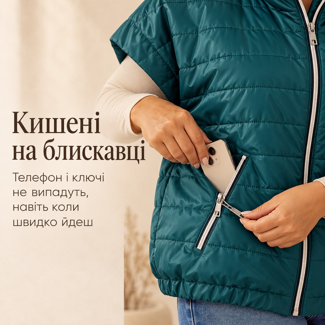Кишені на блискавці: телефон і ключі не випадуть, навіть коли швидко йдеш. Жилет Urbino